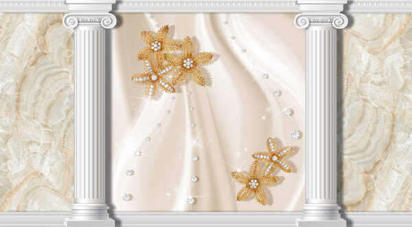 3D обои, колонны, ювелирные цветы на мраморном и шелковом фоне. Основные черты классицизма: сдержанность, аристократия, утонченность. 3D фон в классическом стиле

