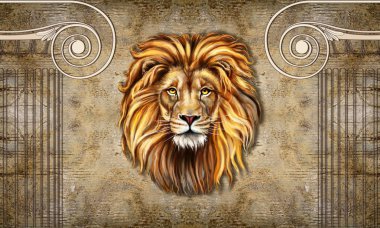 3D duvar kağıdı, mimari sütunlar ve aslan. klasik tarzı 3D arka plan.