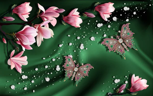 Обои Ювелирные Изделия Магнолии Зеленом Шелке Цветочная Тема Тренд Дизайне — стоковое фото
