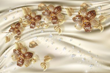 3D duvar kağıdı, altın takı çiçek ipek zemin üzerine. Kutlama 3d arka plan