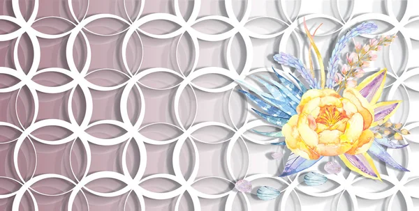 3d wallpaper, yellow roses on rings background. Celebration 3d background. Flower theme - this is a trend in design interior.