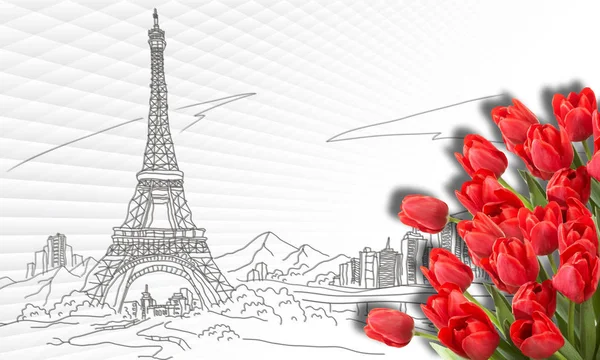 3d wallpaper, city Paris, France,The Eiffel Tower vector and red tulips on white abstract background.