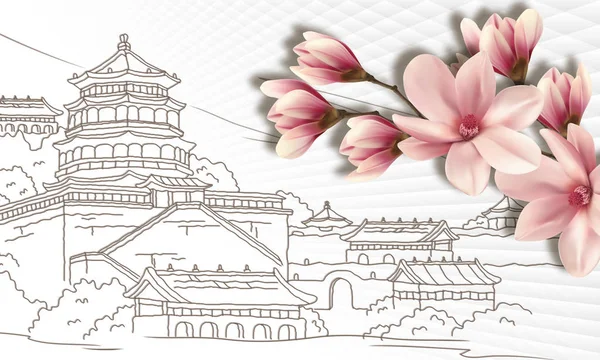 3D duvar kağıdı, Çin kenti vektör ve manolya beyaz arka plan soyut.