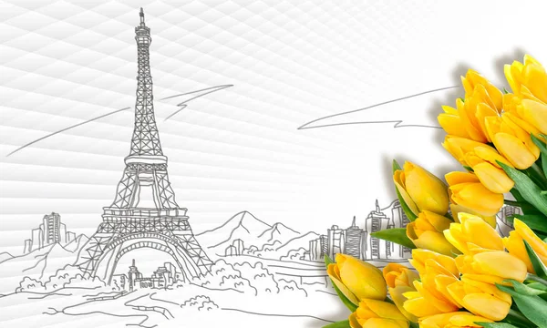 3d wallpaper, city Paris, France,The Eiffel Tower vector and yellow tulips on white abstract background.