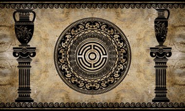 3D duvar kağıdı, mimari sütunlar ve antik Yunan sanat.
