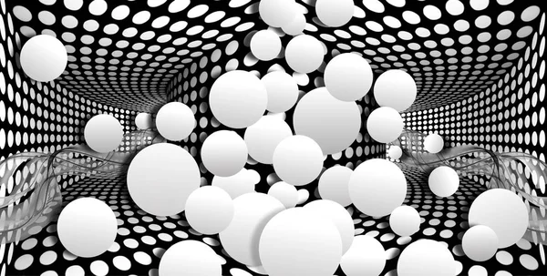 3d wallpaper, white sphere on optical illusions background. Black and white