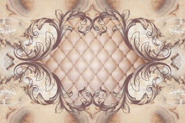 3D tavan, alçı dekor çerçeve, bej deri kapitone mermer zemin üzerine ortada düğmeli. 3D duvar kağıdı. Tavan alçı levhalar çiçek desenleri. Kabartma sıva iç