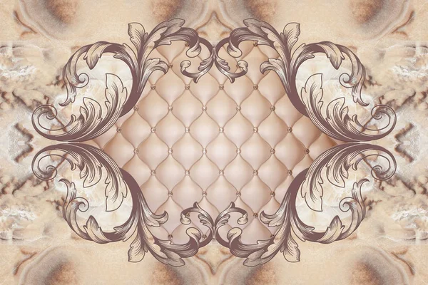 Ceiling Stucco Decor Frame Beige Leather Quilted Buttoned Middle Marble — Stock Photo, Image