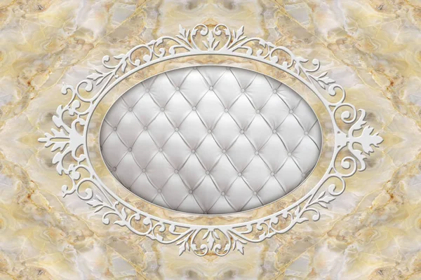 3d ceiling, stucco decor frame, effect leather quilted buttoned in the middle on marble background. Decorative item made of white plaster on ceiling. Relief stucco interior