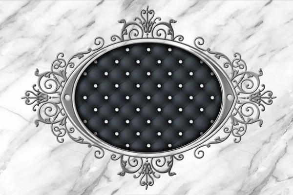3d ceiling, stucco decor frame, dark grey leather quilted buttoned in the middle on marble background. 3d wallpaper. Relief stucco interior — Stock Image Ceiling Stucco Decor Frame Dark Grey Leather Quilted Buttoned Middle Stock Photo