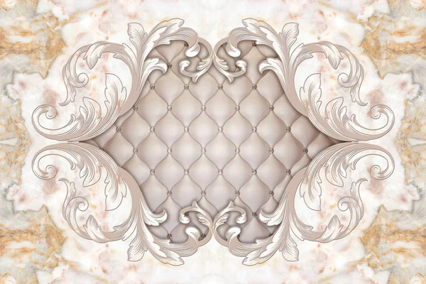 3d ceiling, stucco decor frame, beige leather quilted buttoned in the middle on marble background. 3d wallpaper. Patterns on the ceiling gypsum sheets of flowers. Relief stucco interior — Stock Image Ceiling Stucco Decor Frame Beige Leather Quilted Buttoned Middle Marble Stock Image