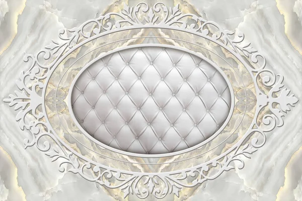 3d ceiling, stucco decor frame, effect leather quilted buttoned in the middle on marble background. Decorative item made of white plaster on ceiling. Relief stucco interior — Stock Image Ceiling Stucco Decor Frame Effect Leather Quilted Buttoned Middle Marble Royalty Free Stock Images