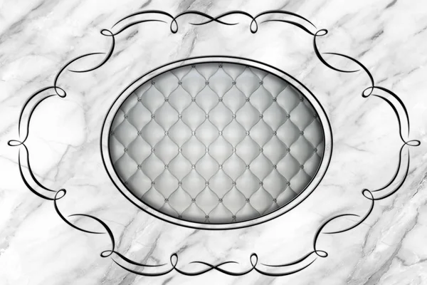 3d ceiling, stucco decor frame, grey leather quilted buttoned in the middle on marble background. Relief stucco interior — Stock Image Ceiling Stucco Decor Frame Grey Leather Quilted Buttoned Middle Marble Stock Picture