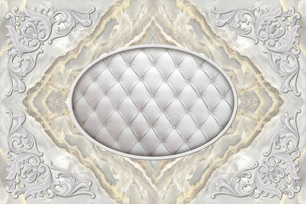3d ceiling, stucco decor frame, effect leather quilted buttoned in the middle on marble background. 3d wallpaper. Decorative item made of white plaster on ceiling. Relief stucco interior — Stock Image Ceiling Stucco Decor Frame Effect Leather Quilted Buttoned Middle Marble Stock Picture