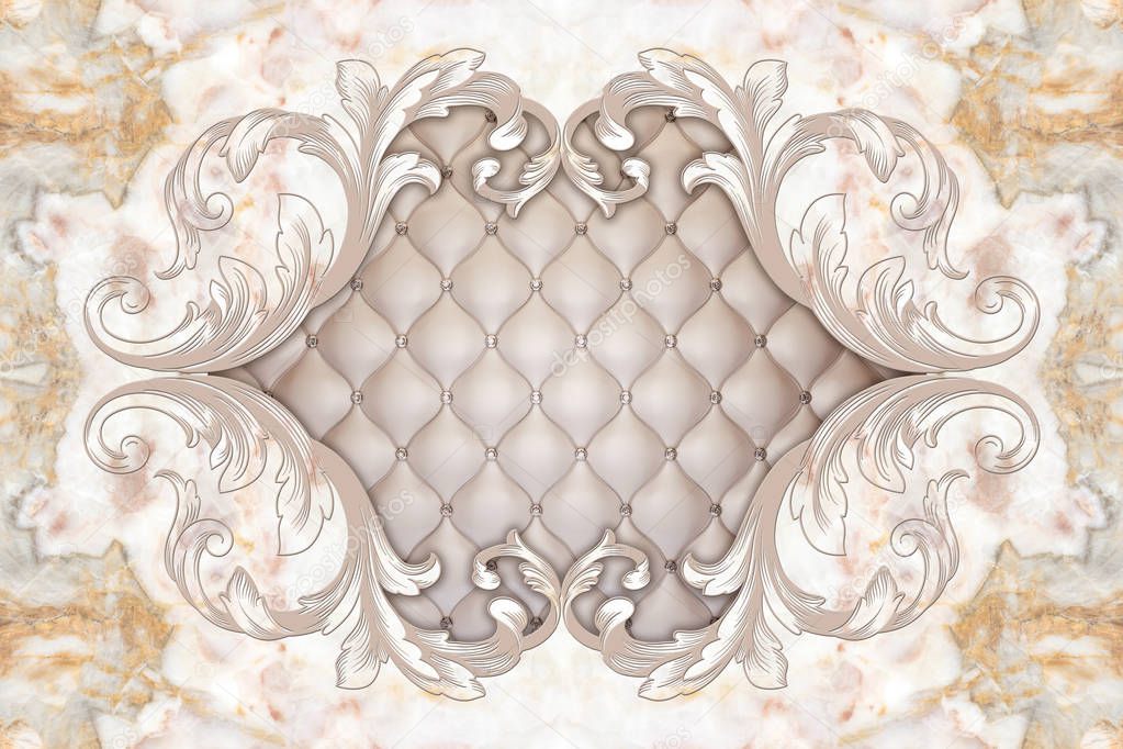 3d ceiling, stucco decor frame, beige leather quilted buttoned in the middle on marble background. 3d wallpaper. Patterns on the ceiling gypsum sheets of  flowers. Relief stucco interior