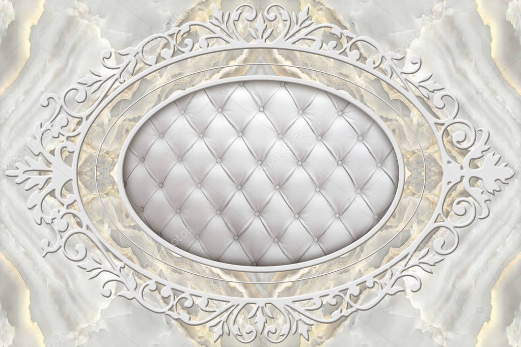 3d ceiling, stucco decor frame, effect leather quilted buttoned in the middle on marble background. Decorative item made of white plaster on ceiling. Relief stucco interior 