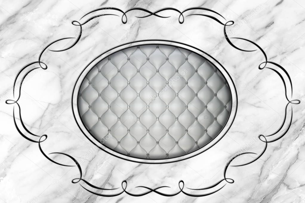 3d ceiling, stucco decor frame, grey leather quilted buttoned in the middle on marble background. Relief stucco interior