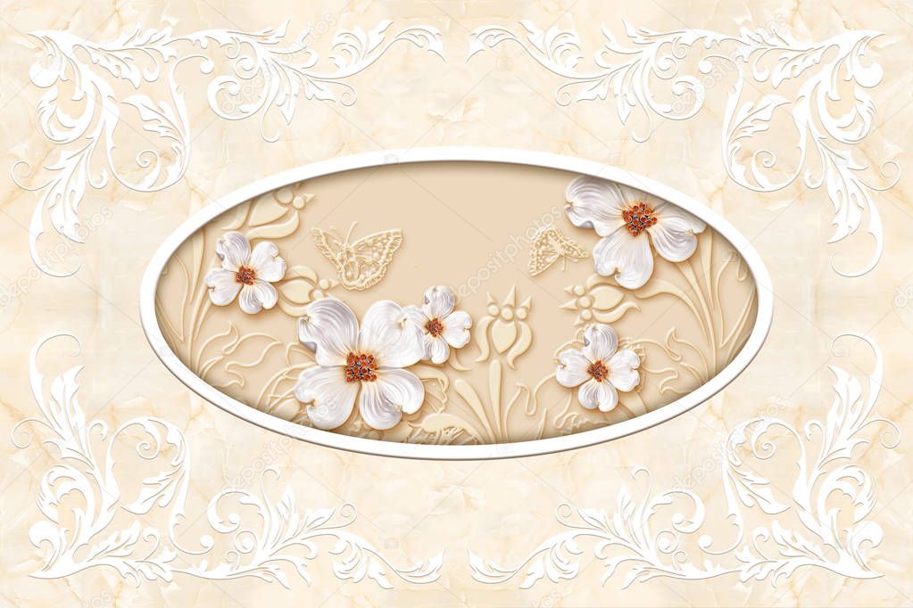 3d ceiling murals wallpaper, stucco molding on marble background. White decor frame,  jewelry flowers in the middle on beige marble background. 3d wallpaper.