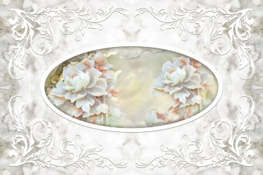 3D tavan duvar resimleri duvar kağıdı, beyaz dekor çerçeve, taş gül bej mermer zemin üzerine ortada. 3D duvar kağıdı.