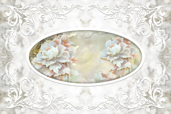 3d ceiling murals wallpaper, white decor frame, stone roses in the middle on beige marble background. 3d wallpaper. — Stock Image Ceiling Murals Wallpaper White Decor Frame Stone Roses Middle Beige Stock Photo