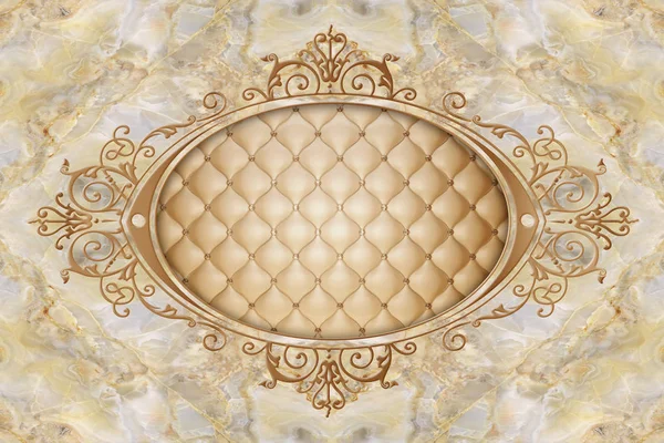 3d wallpaper, stucco decor frame, effect leather quilted buttoned in the middle on beige marble background. 3d ceiling — Stock Image Wallpaper Stucco Decor Frame Effect Leather Quilted Buttoned Middle Beige Royalty Free Stock Images