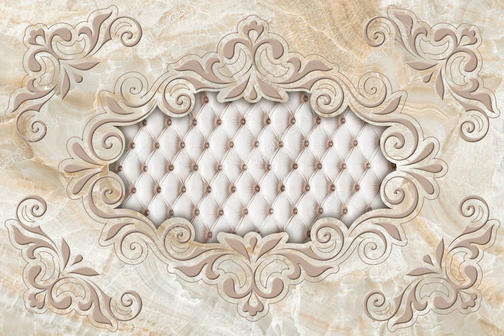 3d wallpaper, stucco decor frame, effect leather quilted buttoned in the middle on beige marble background. 3d ceiling