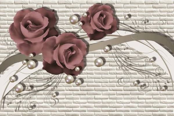 Duvar Kağıdı Gül Tuğla Zemin Üzerine Inciler Çiçek Tema Tasarım — Stok fotoğraf