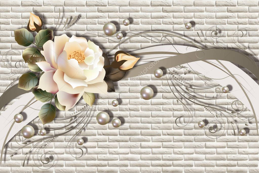 3d wallpaper, roses and pearls on brickwork background. Flower theme - this is a trend in interior design. Celebration 3d background.