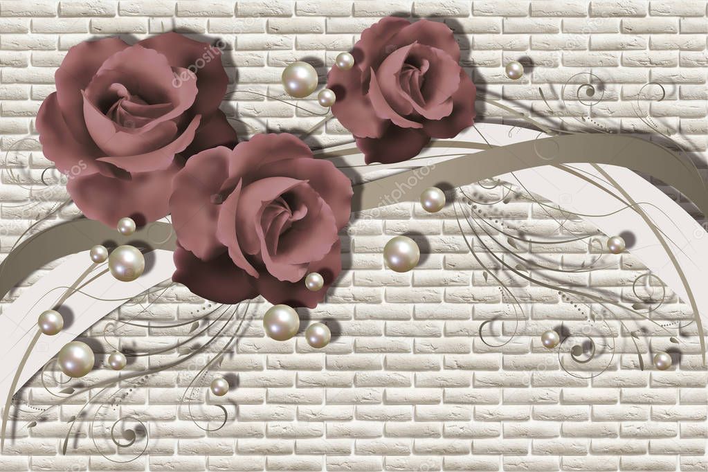 3d wallpaper, roses and pearls on brickwork background. Flower theme - this is a trend in interior design. Celebration 3d background.