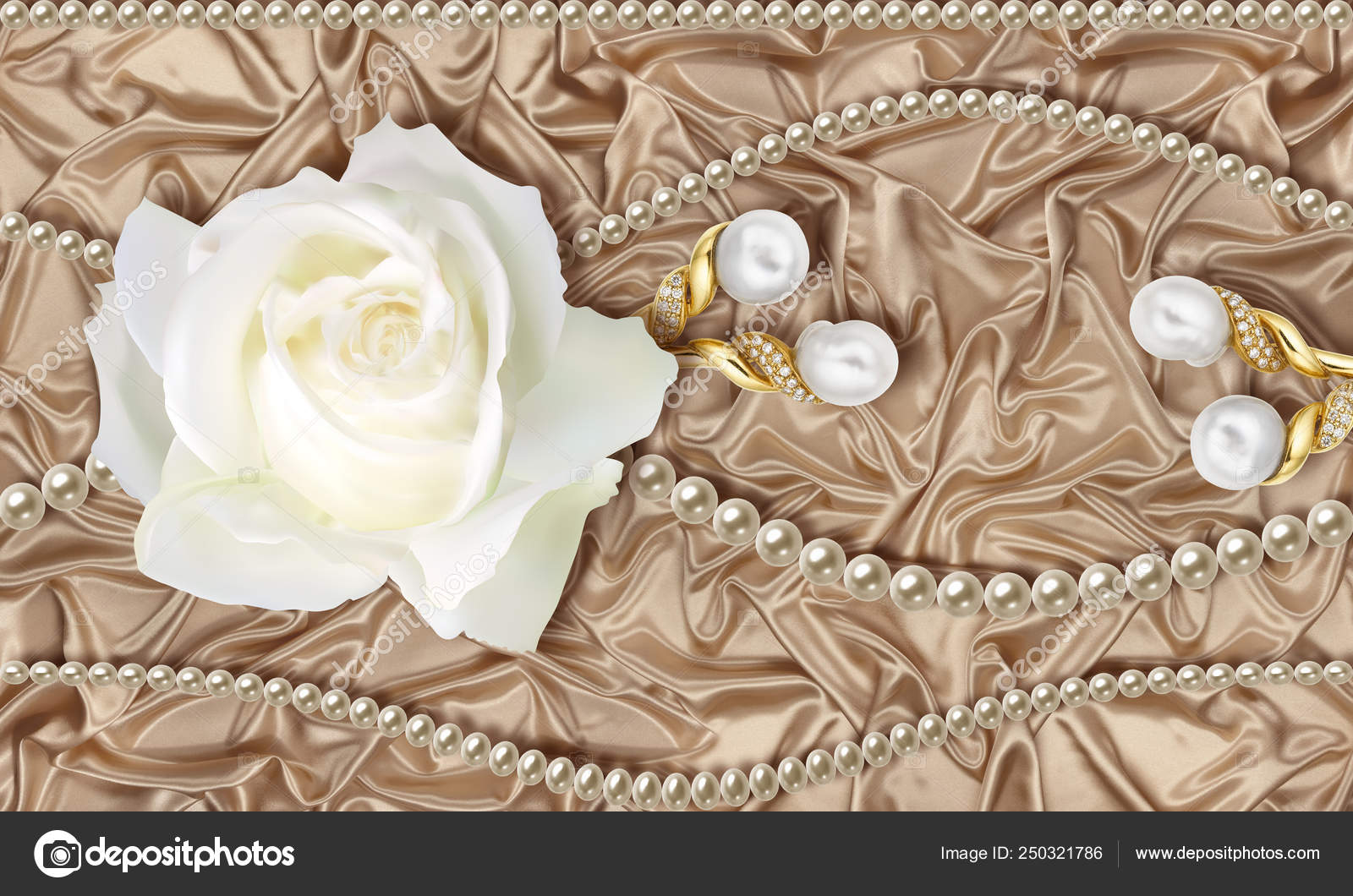 Wallpaper White Rose Jewelry Pearls Beige Silk Background Flower Theme  Stock Photo by ©Di-VNA 250321786