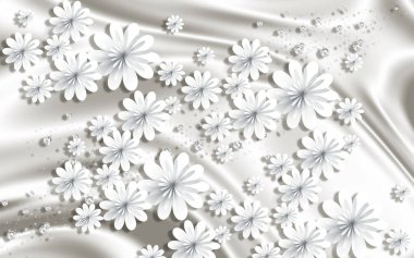 3D duvar kağıdı, kağıt çiçek ipek gri arka plan üzerinde. Kutlama 3d arka plan. Çiçek Tema - bu iç tasarım trend mı.