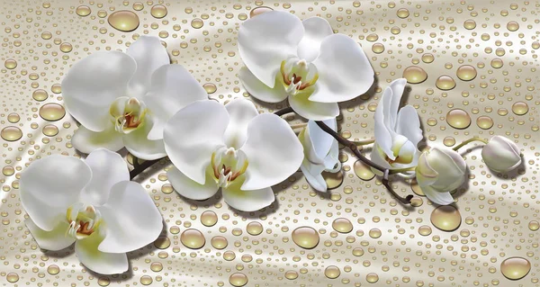 Обои Орхидеи Капли Воды Шелковом Фоне Празднование Фон Цветочная Тема — стоковое фото
