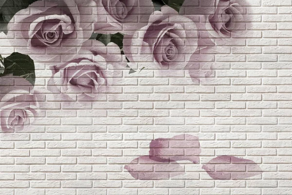 3d wallpaper, bouquet of roses on brick wall background. The fresco effect. The original panel will turn your room in with the most recent world trends in interior fashion.