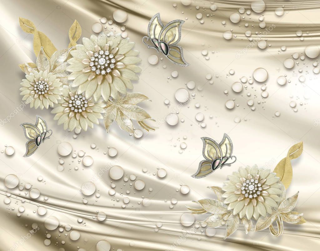 3D background, Jewelry flowers on silk background. The original panel will turn your room in with the most recent world trends in interior fashion. 3d wallpaper