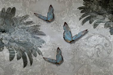 3d duvar kağıdı doku, gerbera papatya ve kelebekler beton duvar arka plan üzerinde. Duvar resimleri etkisi. Fresk etkisi.  