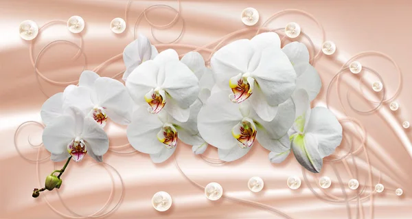 3d wallpaper, white orchids and pearls on silk background. Celebration 3d background.