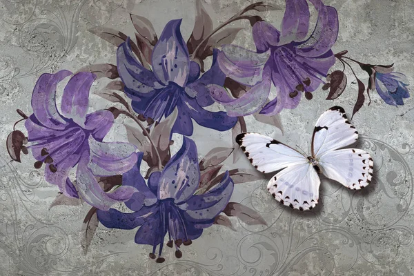 Tapete Textur Lilien Und Schmetterlinge Auf Betonwand Hintergrund Wandgemälde Wirken — Stockfoto