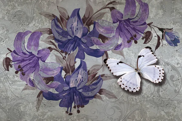 3d wallpaper texture, lilies and butterflies on concrete wall background. Murals effect. The fresco effect. 3d illustration.