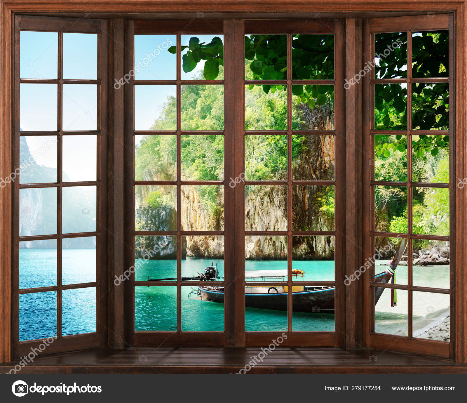 View Window Silhouettes Window Curtain River View Background Stock Photo Image By C Di Vna