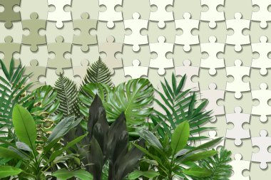 3d duvar kağıdı, yapboz parçaları ve pastel renk arka plan üzerinde yeşil yaprakları