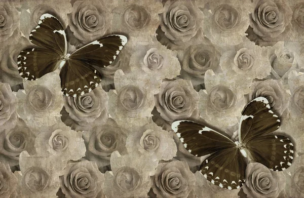 Обои Розы Бабочки Текстура Старого Бумажного Фона — стоковое фото