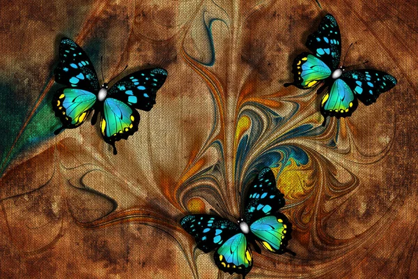 Wallpaper Butterflies Nature Painting Old Canvas Textures Murals Effect — Stock Photo, Image