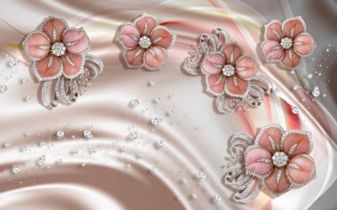 3d duvar kağıdı doku, Şeftali rengi ipek takı çiçekler. Kutlama 3d arka plan. Çiçek teması - Bu iç tasarım bir eğilim