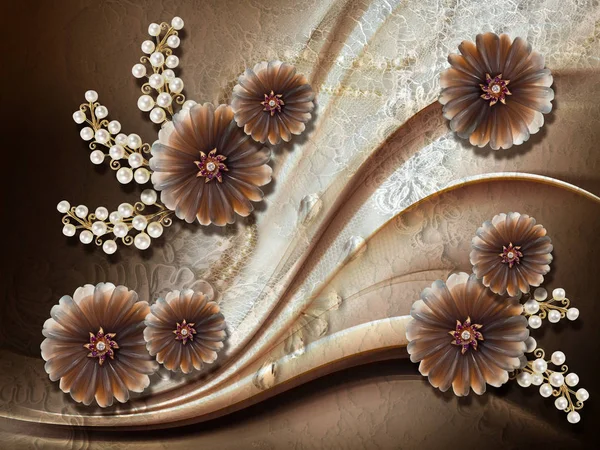 3d wallpaper, jewelry flowers, pearls on lace background. The original panel will turn your room in with the most recent world trends in interior fashion.