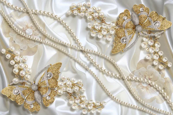 Tapete Textur Schmuck Schmetterlinge Und Weiße Perlen Auf Seidenhintergrund Feier — Stockfoto
