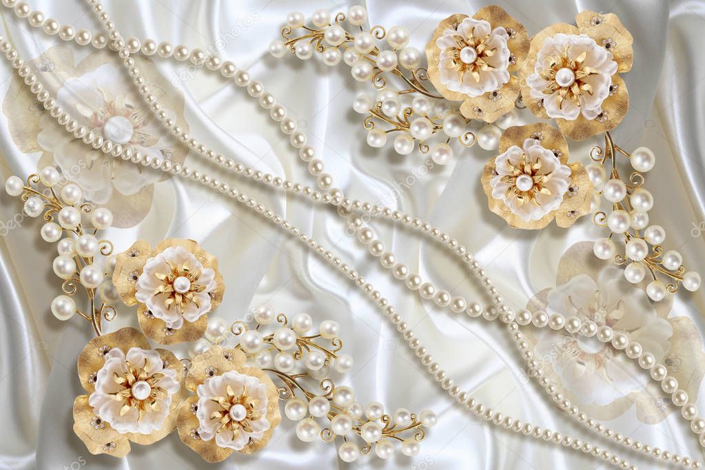 3D wallpaper texture, Jewelry flowers and white pearls on silk. Celebration 3d background.