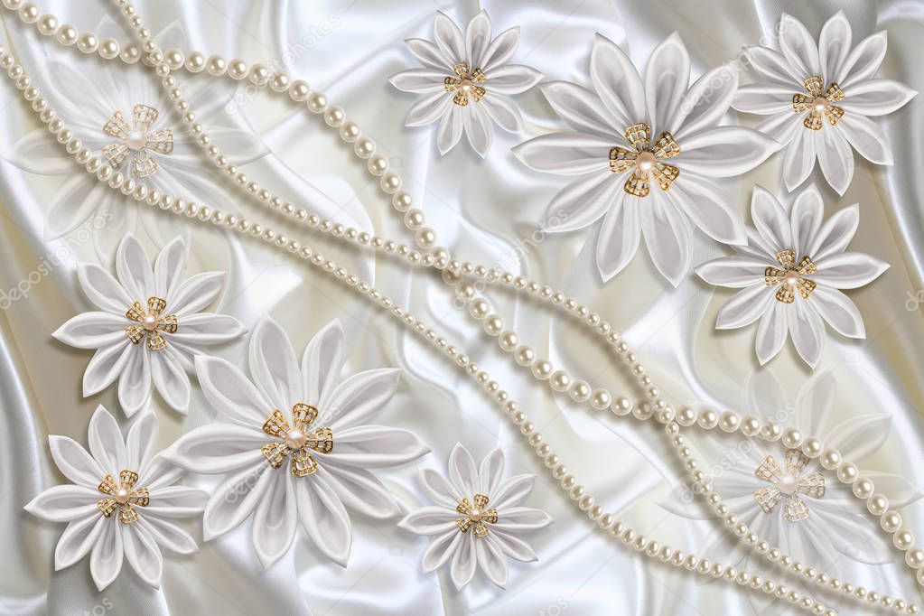 3D wallpaper texture, Jewelry, chamomiles and white pearls on silk background. Celebration 3d background.