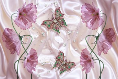 3D duvar kağıdı dokusu, mücevher kelebekleri ve şeftali rengi ipek arka planda yabani çiçekler.