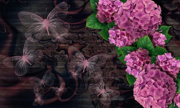 Tapete Textur Hortensien Und Schmetterlinge Auf Holz Hintergrund — Stockfoto