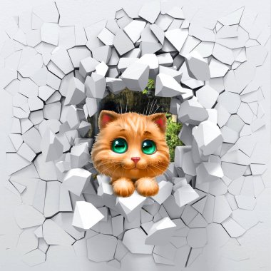 Üç boyutlu arka plan, kedi ve kırık bir duvar. 3D duvar çok hoş görünüyor ve odaya farklı renkler getiriyor! Görsel olarak çocuk odasını genişletecek ve iç mekanda bir aksan haline gelecek.